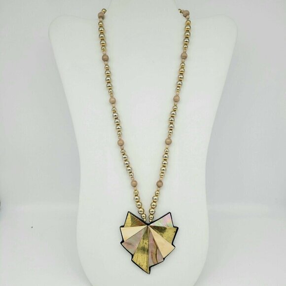 Vintage Carla Jordan Statement Necklace Thermoset 24"-27" Abalone Gold On Black - Picture 7 of 9